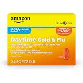 Amazon Basic Care Daytime Cold and Flu Relief Softgels, Non-Drowsy Multi-Symptom Relief for Pain, Fever, Headache, Cough, Sore Throat, Nasal Congestion, 24 Count