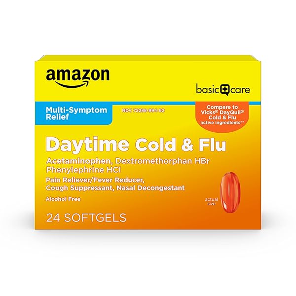 AMAZON BASIC CARE DAYTIME COLD AND FLU RELIEF SOFTGELS, NON-DROWSY MULTI-SYMPTOM RELIEF FOR PAIN, FEVER, HEADACHE, COUGH, SORE THROAT, NASAL CONGESTION, 24 COUNT
