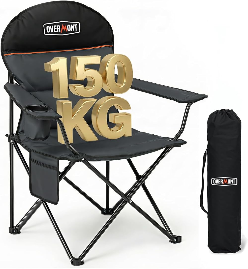 OVERMONT 150kg Folding Camping Chair with Cup Holder High Back Garden Chair