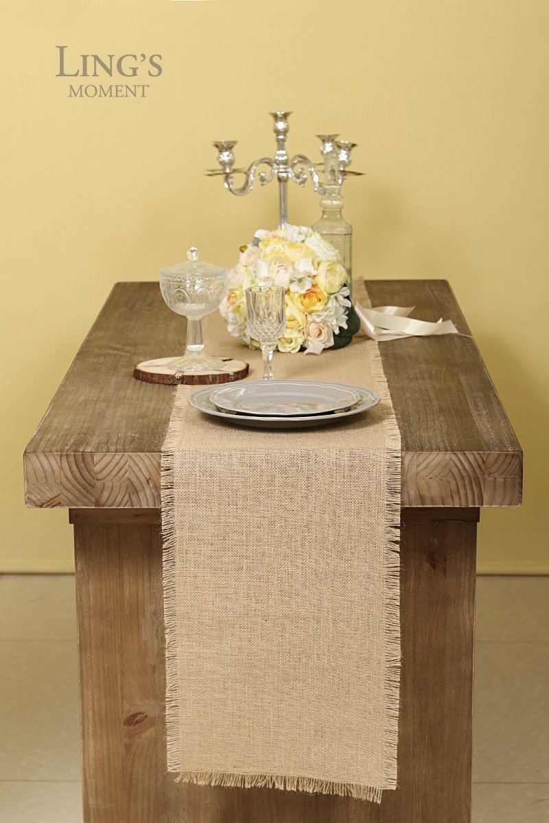 Ling's moment 12 x 108 Inches Fringe Jute Burlap Table Runner for
