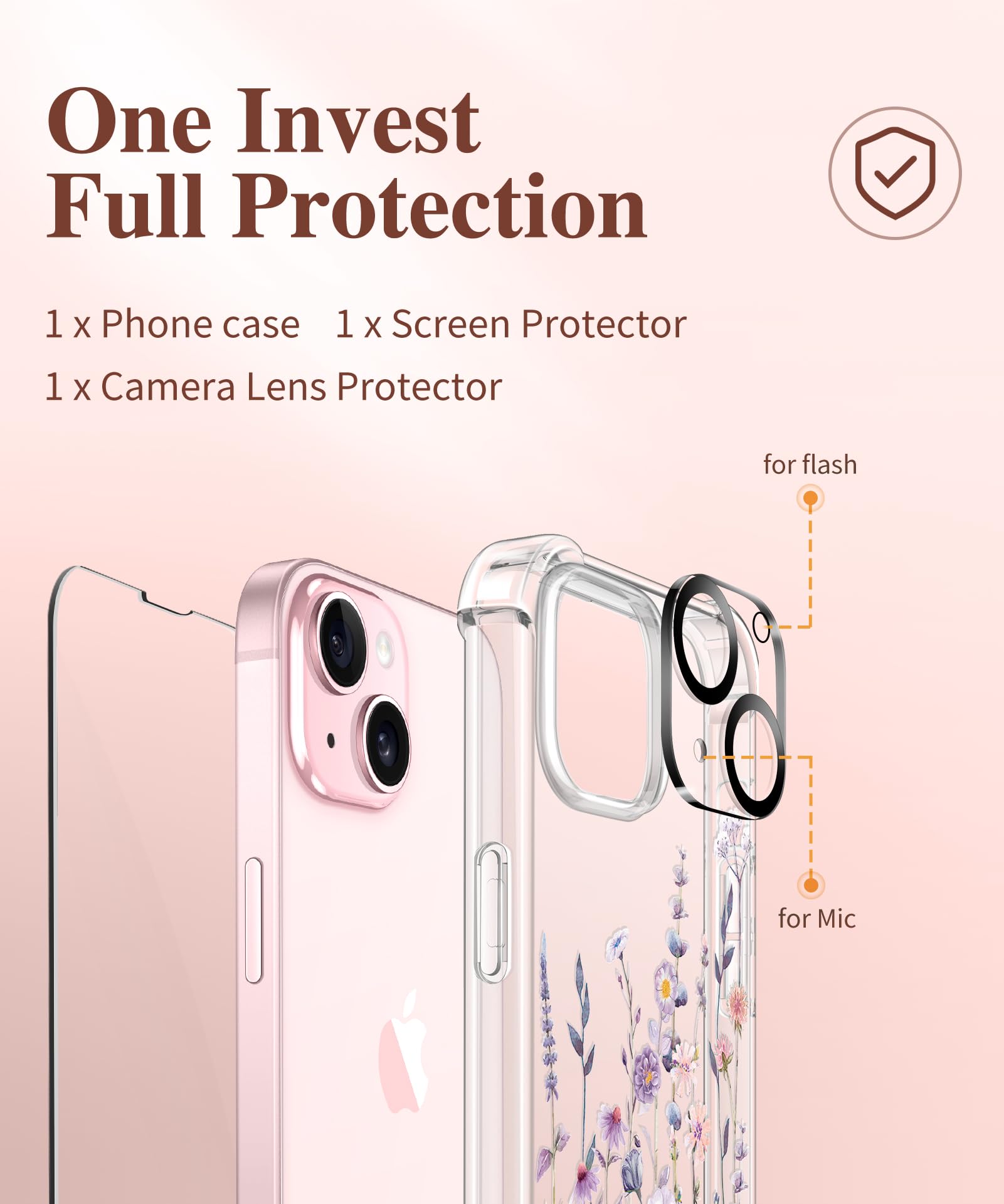 GVIEWIN for iPhone 15 Case, [3 in 1] with Screen Protector & Camera Lens Protector, Clear Soft Shockproof Slim Fit Floral Phone Cover for Women Girls 2023 6.1