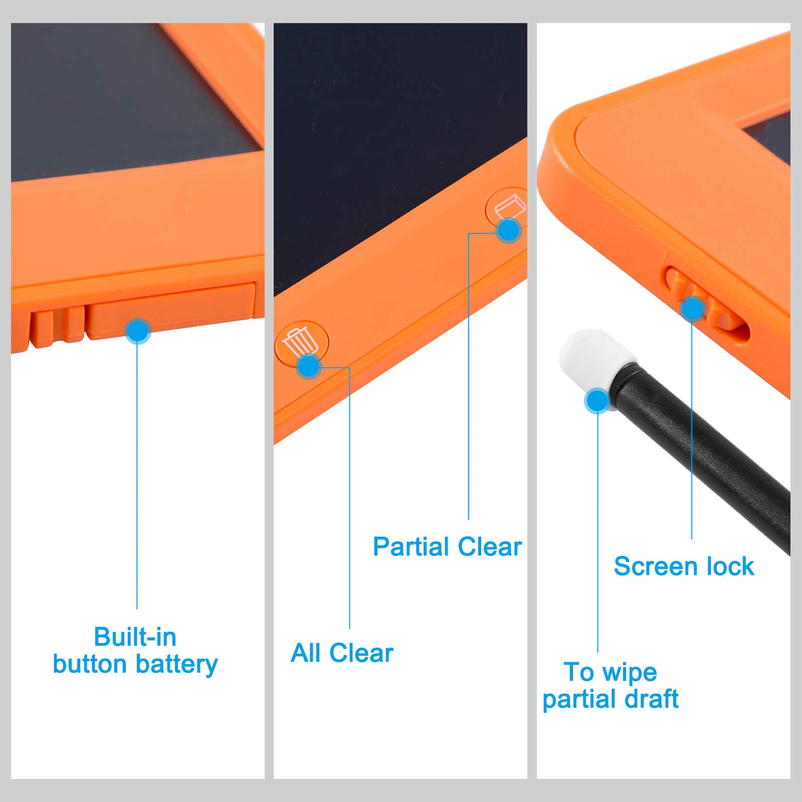 Voilamart Writing Tablet, 10inch LCD Ewriter Digital Writing Board with Memory Lock Partial Delete Function Electronic Graphics Pad for Kids Adults (Orange)
