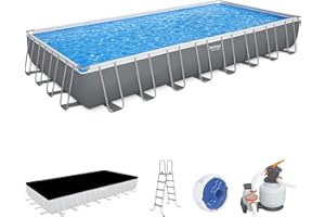 Bestway Power Steel 31' 4" x 16' x 52" Rectangular Metal Frame Above Ground Swimming Pool Set with 2,200 GPH Filter Pump, Ladder and Pool Cover, Grey