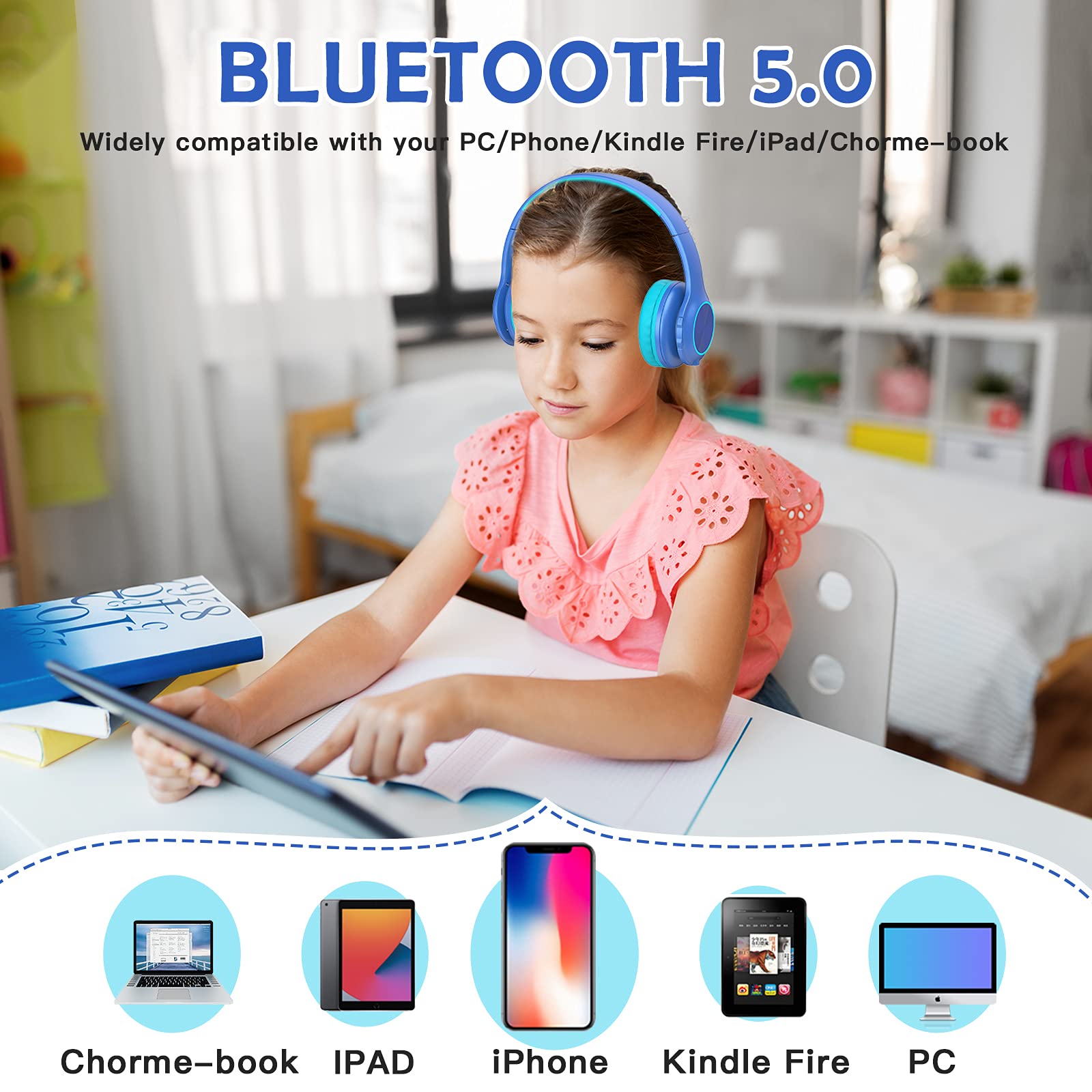 Kids Bluetooth 6.0 Headphones with LED Light, 85Hours Playtimes, Type-C Fast Charging, 85/94dB Volume Limited, Comfort Wireless Headphones with Built-in Mic, Wired & TF Card Mode, Blue