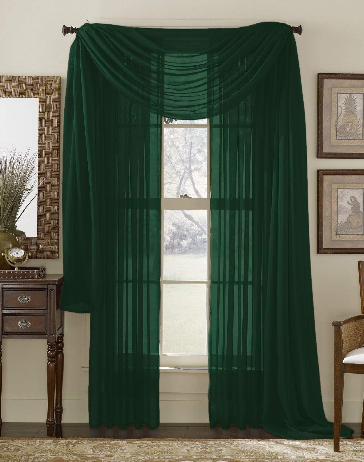 Interior Trends 3 Piece Fully Stitched Sheer Curtain Panel Window Drapes and Scarf Set of 2 Panels and 1 Matching Scarf (108" Long, Hunter Green)