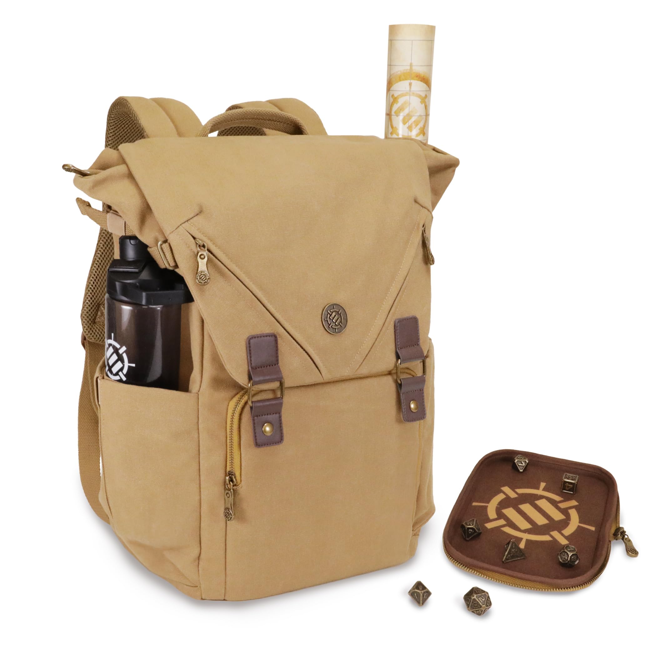 ENHANCE Venture Canvas DnD Backpack - RPG DM Bag for Dungeons and Dragons with Removable Dice Tray - Travel DnD Bag fits 4-6 Books Upright, 17" Laptop/DM Screen Slot, Luggage Slot, Chest and Map Strap