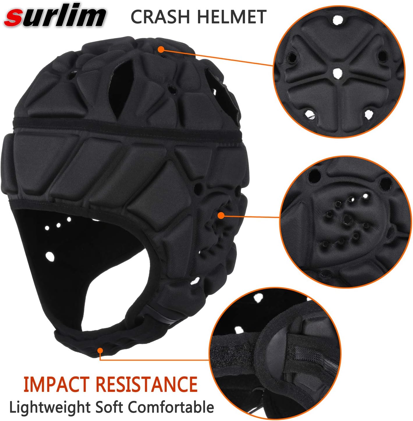 Surlim Soft Helmet Flag Football Rugby Helmet Scrum Cap Soft Shell Helmet Soccer Headgear Special Needs Head Protection for Youth Adults (Black, Large) : Sports & Outdoors