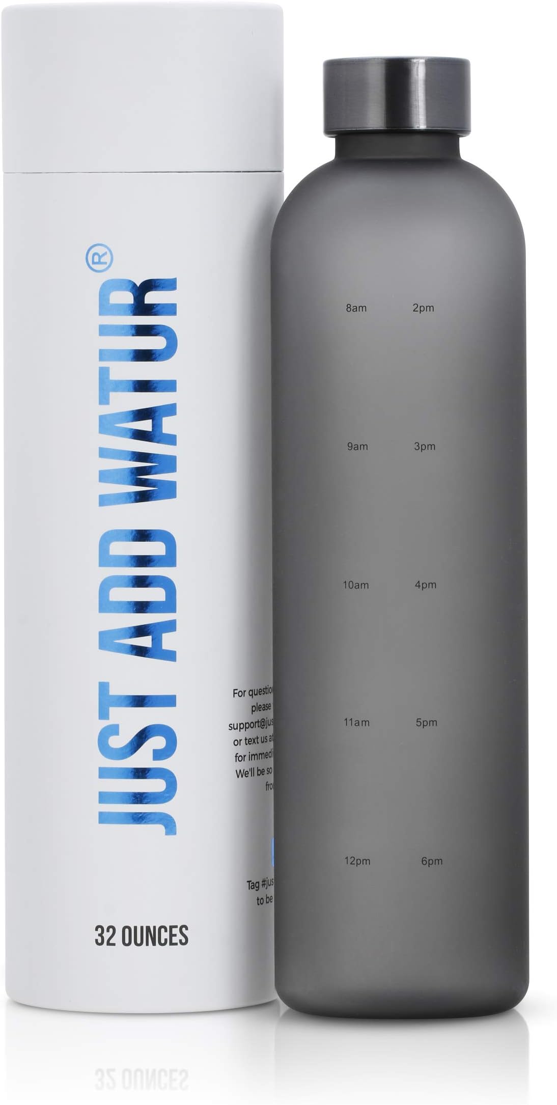 JUST ADD WATUR Motivational Water Bottle with Time Marker Reminder, BPA Free Frosted Tritan Plastic, Leakproof and Drop Resistant, 1 Liter 32 Oz