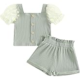fhutpw Toddler Baby Girls Clothes Ribbed Knit Daisy Mesh Short Sleeve Crop Tops + Shorts 1T 2T 3T 4T 5T Summer Outfits