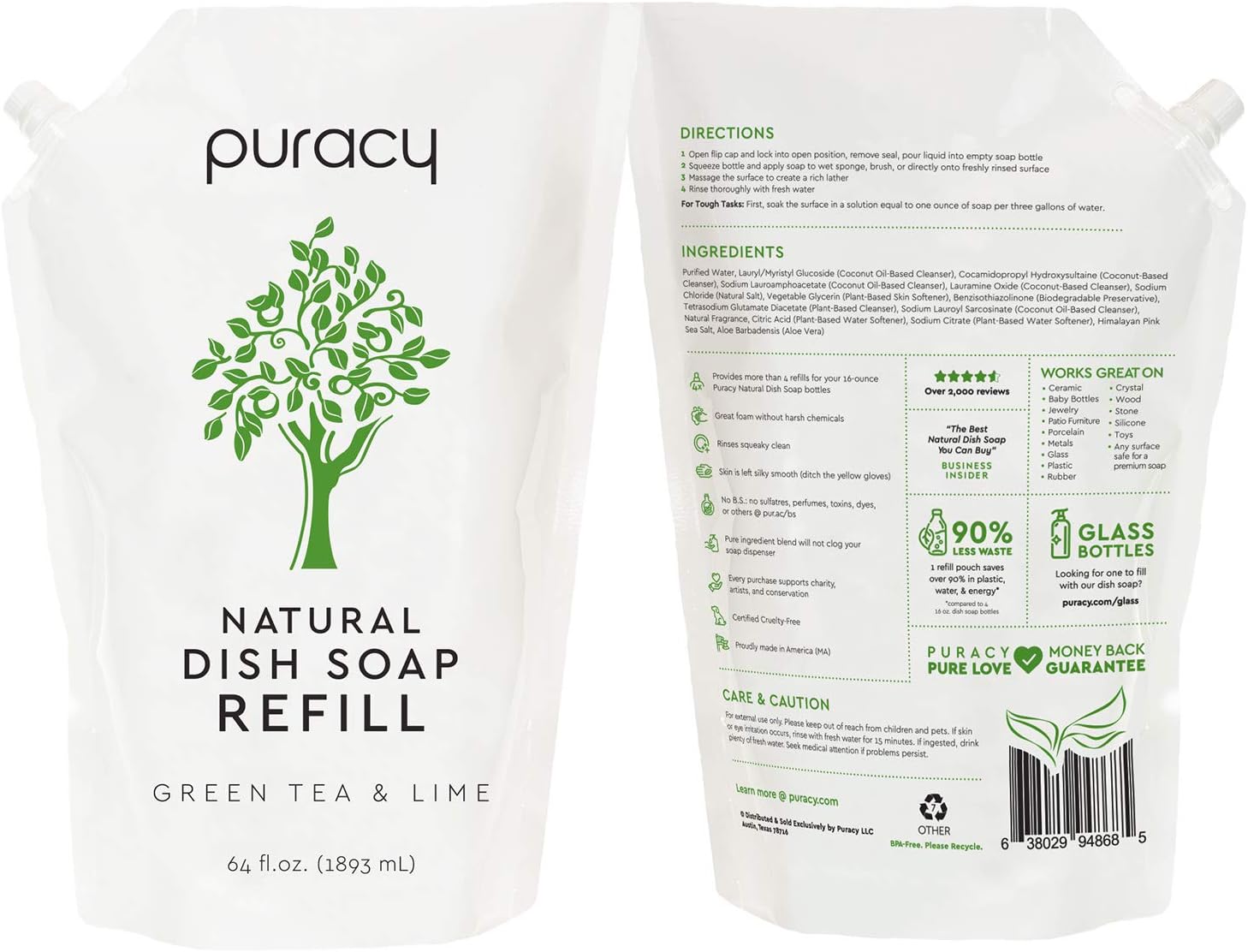 Puracy Natural Dish Soap Refill, Green Tea & Lime, 64 Ounce, Hypoallergenic Non-Drying Liquid Detergent: Health & Personal Care