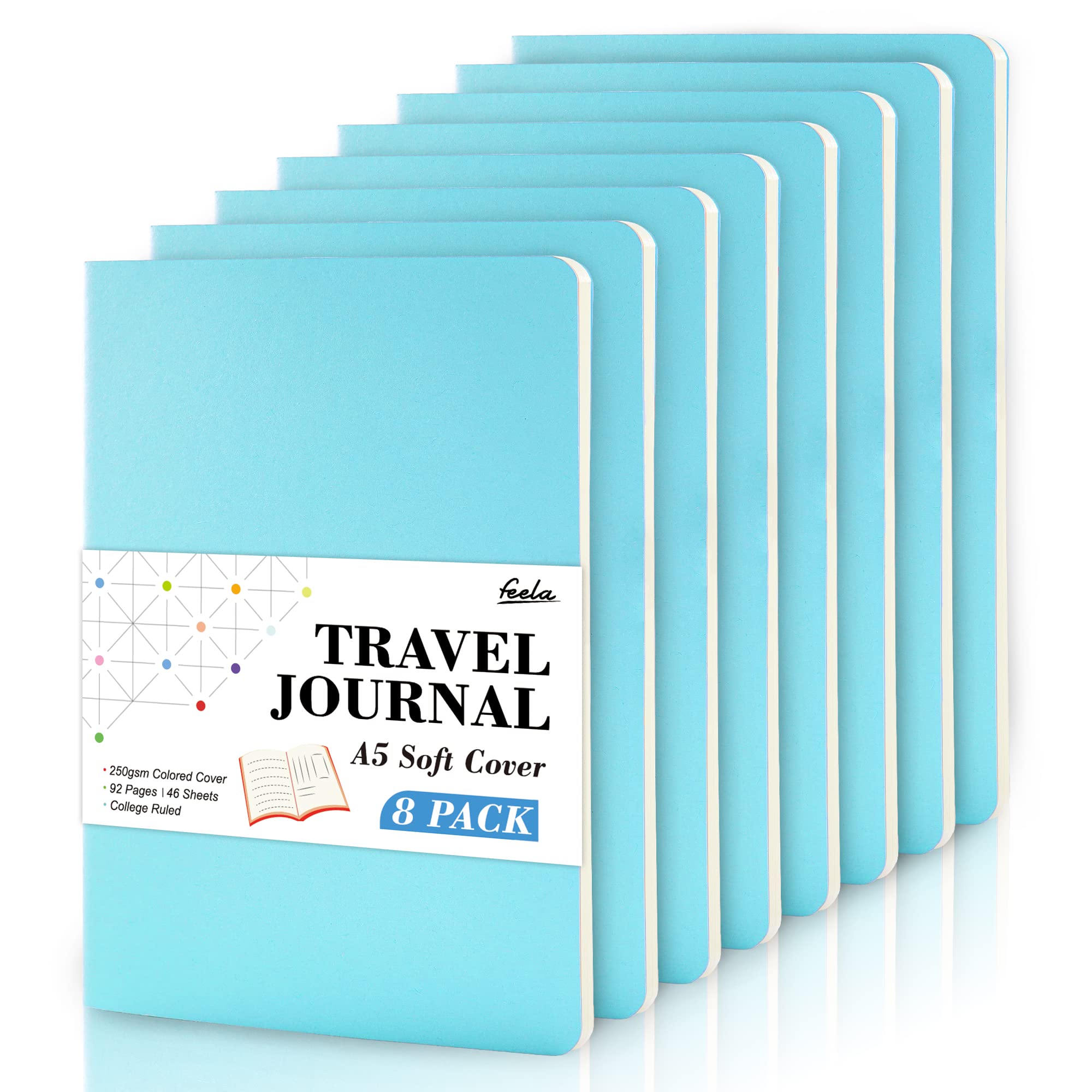 feela 8 Pack Soft Cover Notebooks A5 Lined Journal Notebooks College Ruled for Work, Lined Travel Journal for Women Men, Note Taking Notepad School Supplies Business Writing Note Books, Light Blue