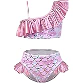CHILDRENSTAR Girls Metallic Bathing Suits Shiny Ruffles One Shoulder 2 Pieces Swimsuits Cute Bikini Set