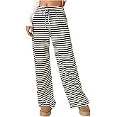 MakeMeChic Women's Striped Wide Leg Pants Tie Front Elastic Waist Knit Trousers