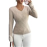 MakeMeChic Women's V Neck Sweater Long Sleeve Knitted Pullover Jumper Tops Old Money Clothes