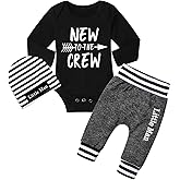 Fommy Newborn Baby Boy Clothes New to The Crew Letter Print Romper+ Pants+Hat 3PCS Outfit
