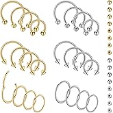 LOREMOW 24Pcs 18G 16G Stainless Steel Septum Nose Rings Horseshoe Nose Hoops for Men Women Lip Ring Cartilage Tragus Helix Daith Earrings Septum Piercing Jewelry Replacement Balls Spikes