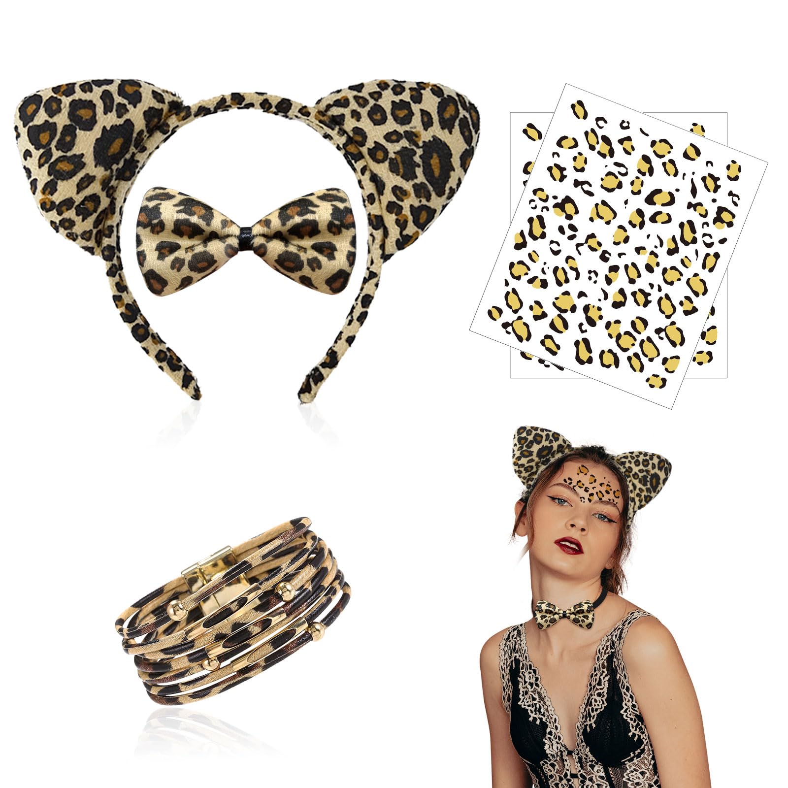 XNIVUIS 5 Pieces Leopard Print Suit,Leopard Hair Bands,Neckties,Bracelet,2 Leopard Art Sticker,for cosplay Costume Party Decoration Accessories Jungle Party Christmas (5 PCS)