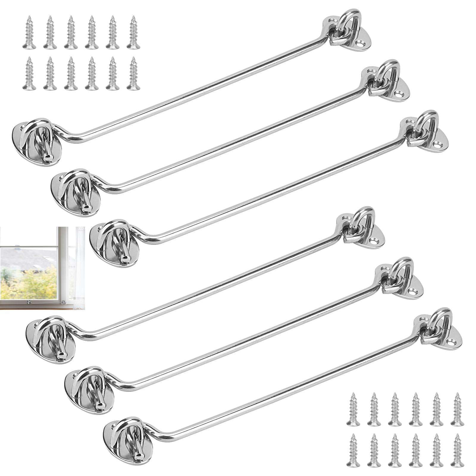 SOUJAP 6 PCS 10 Inch Door Hook and Eye Latch, 250mm Stainless Steel Gate Cabin Hook with Screw for Door Indoor Garage Window