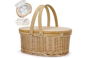 WICKERLAND Wicker Picnic Basket for 2 with Table & Swing Handles, Picnic Baskte Set with Cooler for Beach, Camping, Park, Outdoor Party. Willow Picnic Basket Cooler Baskets for Wine Lover.