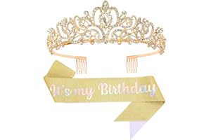 Papoopy Birthday Tiara and Crown with Sash, Birthday Tiara for Women Birthday Party (Gold)