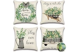 OTOSTAR Waterproof Outdoor Throw Pillow Covers Pack of 4 Spring Decorations for Home Pillow Covers 18x18 Inch Garden Pillowcase Leaf Cushion Case for Summer Holiday Couch Patio Decor (Eucalyptus E)