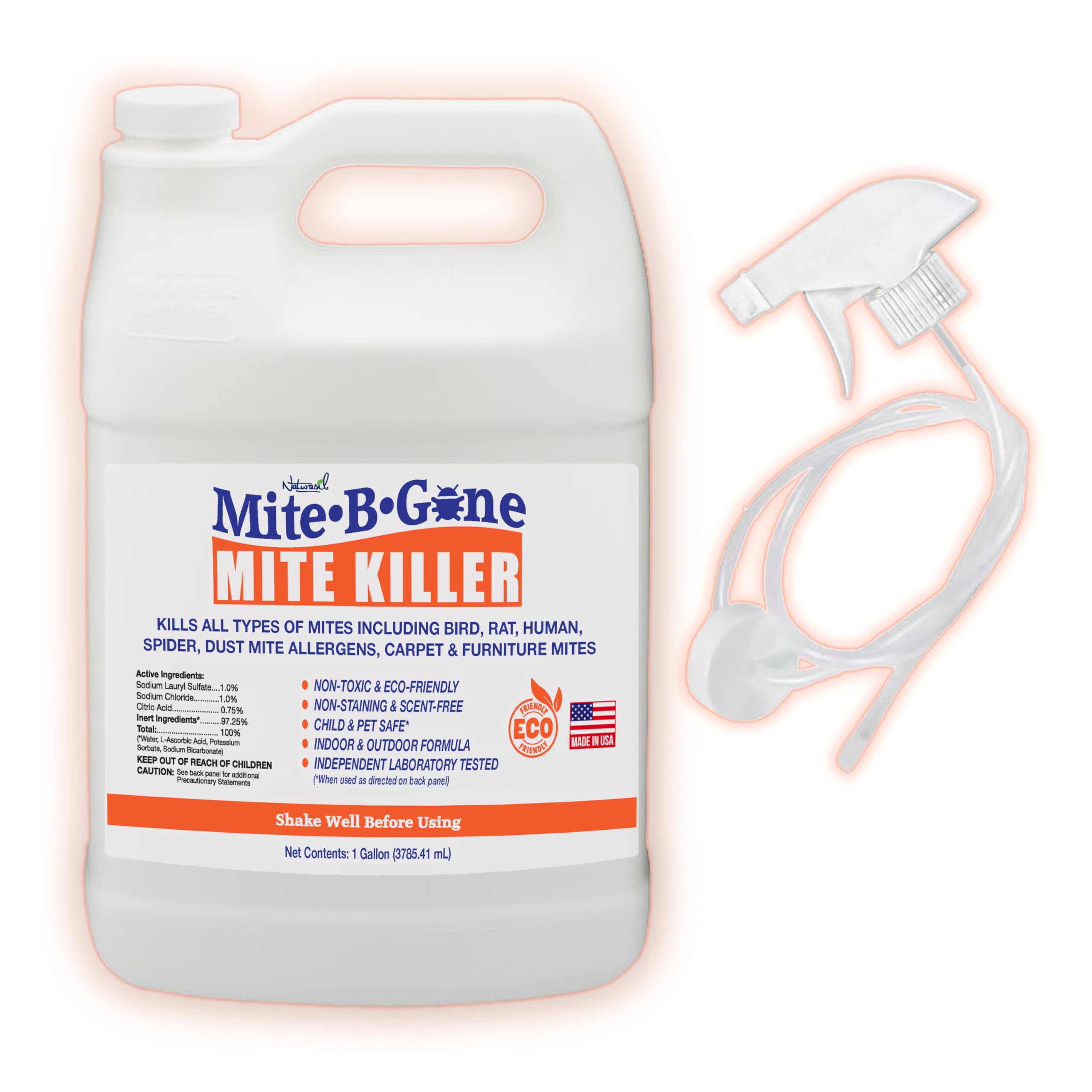 Mite Killer Treatment Spray for Home by Mite-B-Gone — Kills All Types of Mites, Dust, Spider, Rat, Carpet & Bird Mites | Safe for Homes, Furniture & Animals | Non-Toxic | Kid & Pet Friendly | 1 Gal