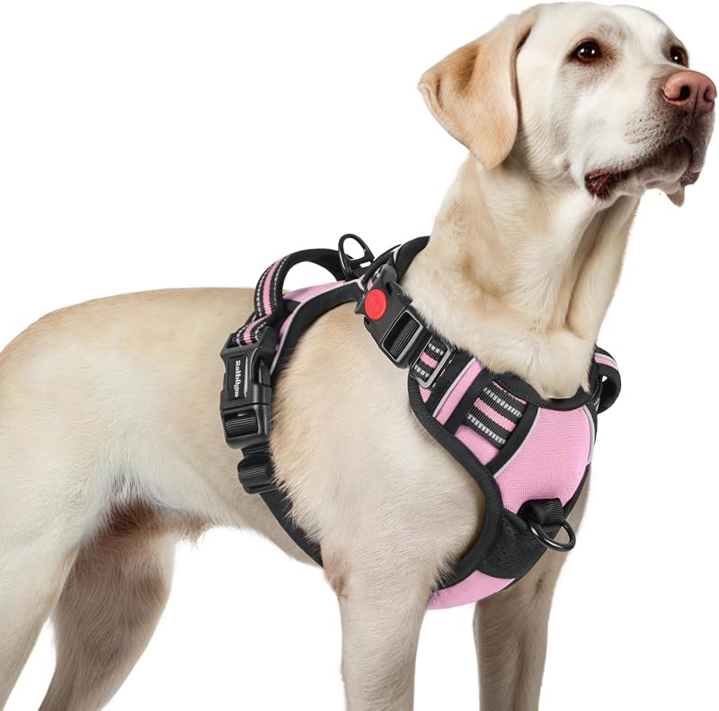 rabbitgoo Dog Harness Large No Pull Front Back Clips Reflective Pink L