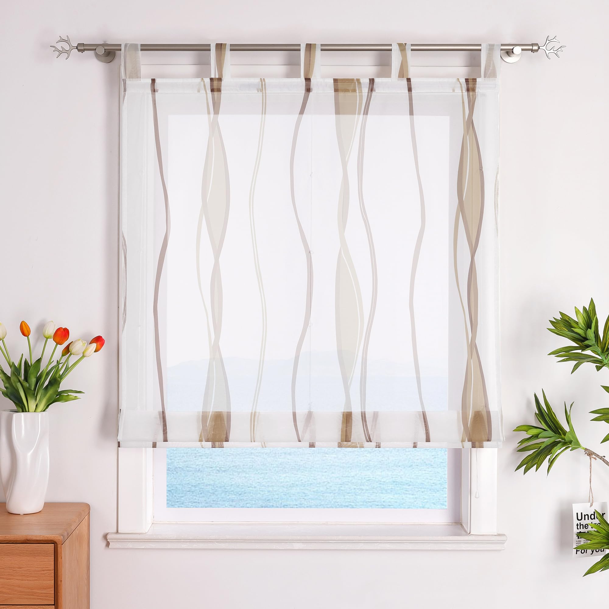 ESLIR Roman Blind with Eyelets, Kitchen Roman Curtains, Transparent Tab-Top Roller Blind Curtains with Wave Print, Modern Voile Sand, W x H 120 x 140 cm, Pack of 1