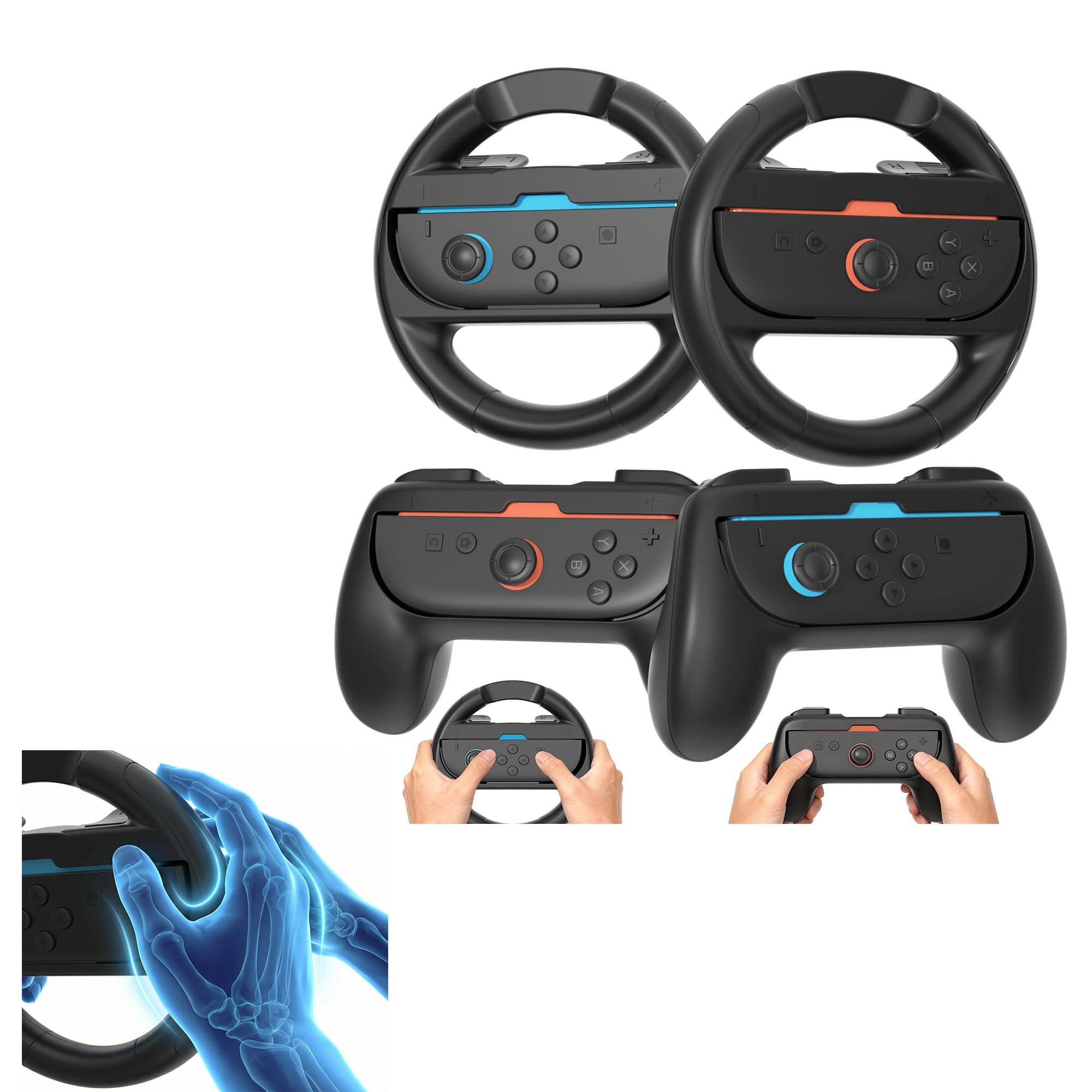 Switch 2 Grip Set (2 Joycon Grips + 2 Steering Wheels + 4 Thumb Caps),Ergonomic & Anti-Slip Controller Holder for Nintendo Switch 2 , Hand Grip Accessories for Switch 2/1/OLED, Family Pack for Mario Kart Games