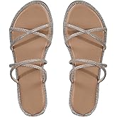 OYOANGLE Women's Rhinestone Strappy Open Toe Slide Sandals Slip on Casual Flat Sandals