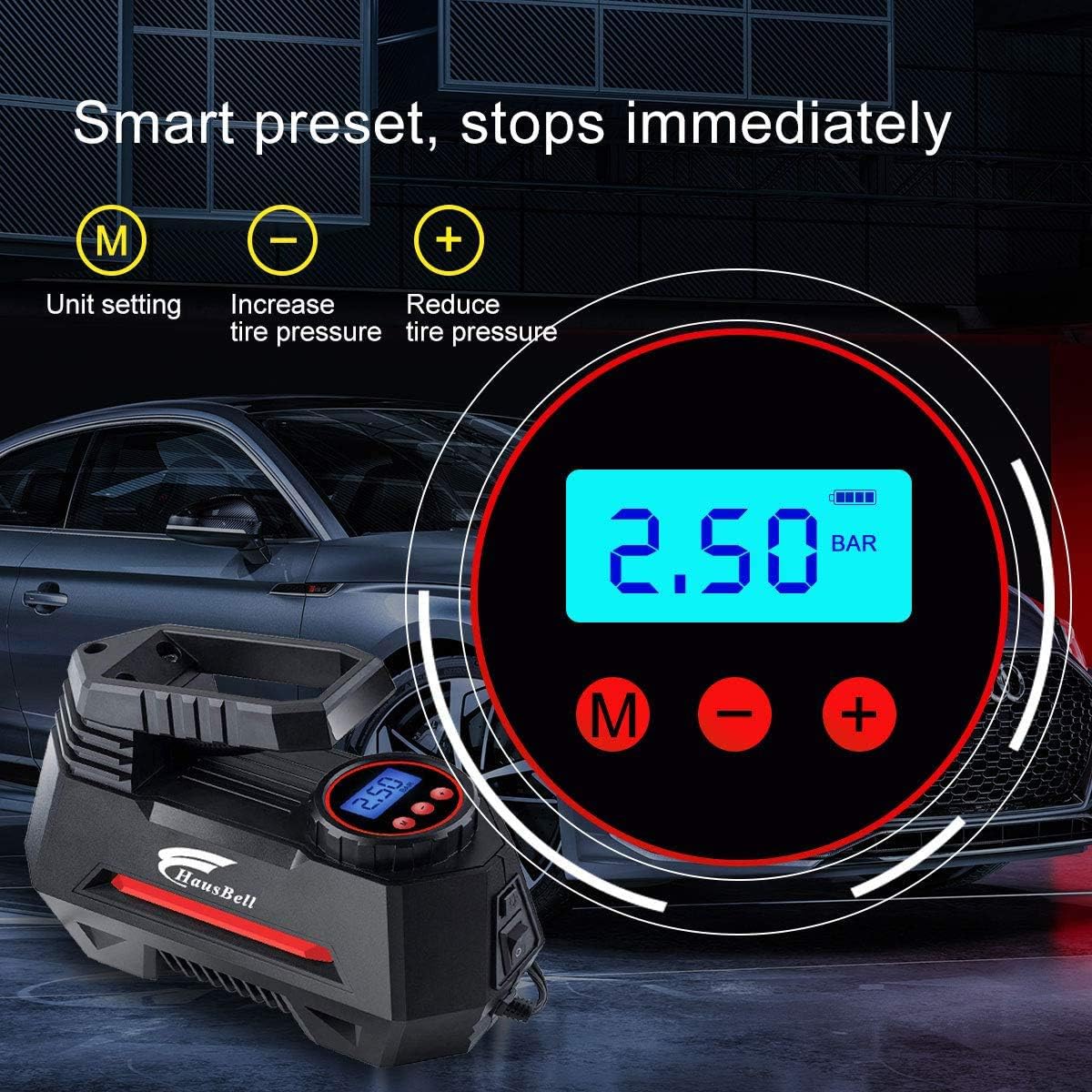 HAUSBELL Portable air Compressor for Car Tires, 12V DC Air Compressor tire inflator Pump, 150 PSI with Emergency LED Flashlight for Car, Motorcycles, Bicycles,Inflatables (Black): Automotive