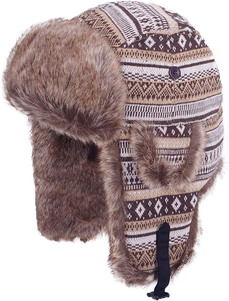 Russian Ushanka Cossack Trooper Trapper Aviator Bomber Hat Fur Lined Earflap Winter Cap with Chin Strap