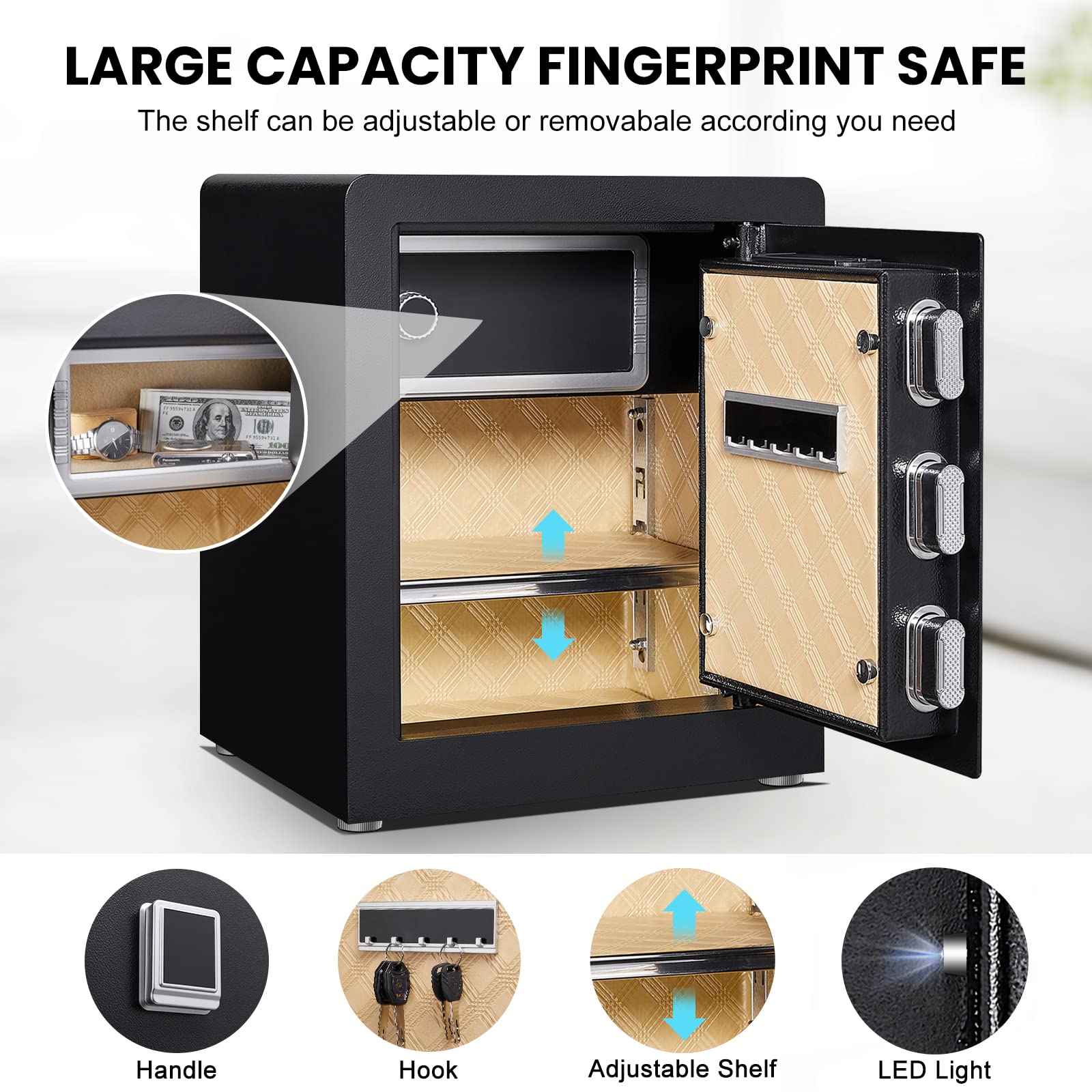 Marcree Biometric Fingerprint Safe Box, 2.0 CUFT Fingerprint Security Safe Box with Combination Lock and Voice Prompt and Dual Warning and Private Inner Cabinet for Money Documents Valuables