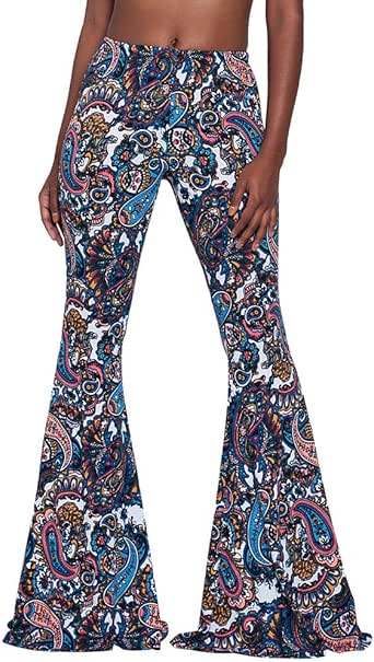 Women High Waisted Fit Flare Ethnic Paisley Floral Bell Bottoms Yoga Pants Flared Leggings at 
