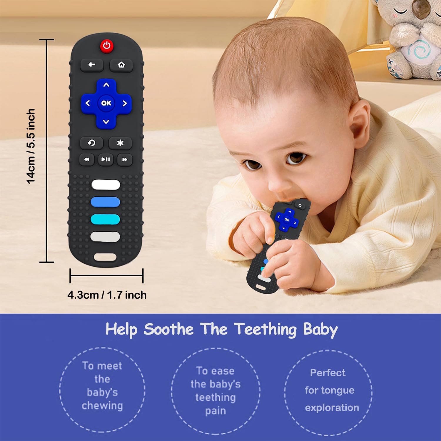 Baby Teething Toys, Food Grade Silicone Teethers for Babies 3 6 12 18 Months, TV Remote Shape Infant Chew Toys for Boys and Girls, Freezer BPA Free (1 Pack-Blue RC)