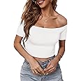 HUHOT Womens Basic Short Sleeve Vogue Fitted Off The Shoulder Cute Crop Tops