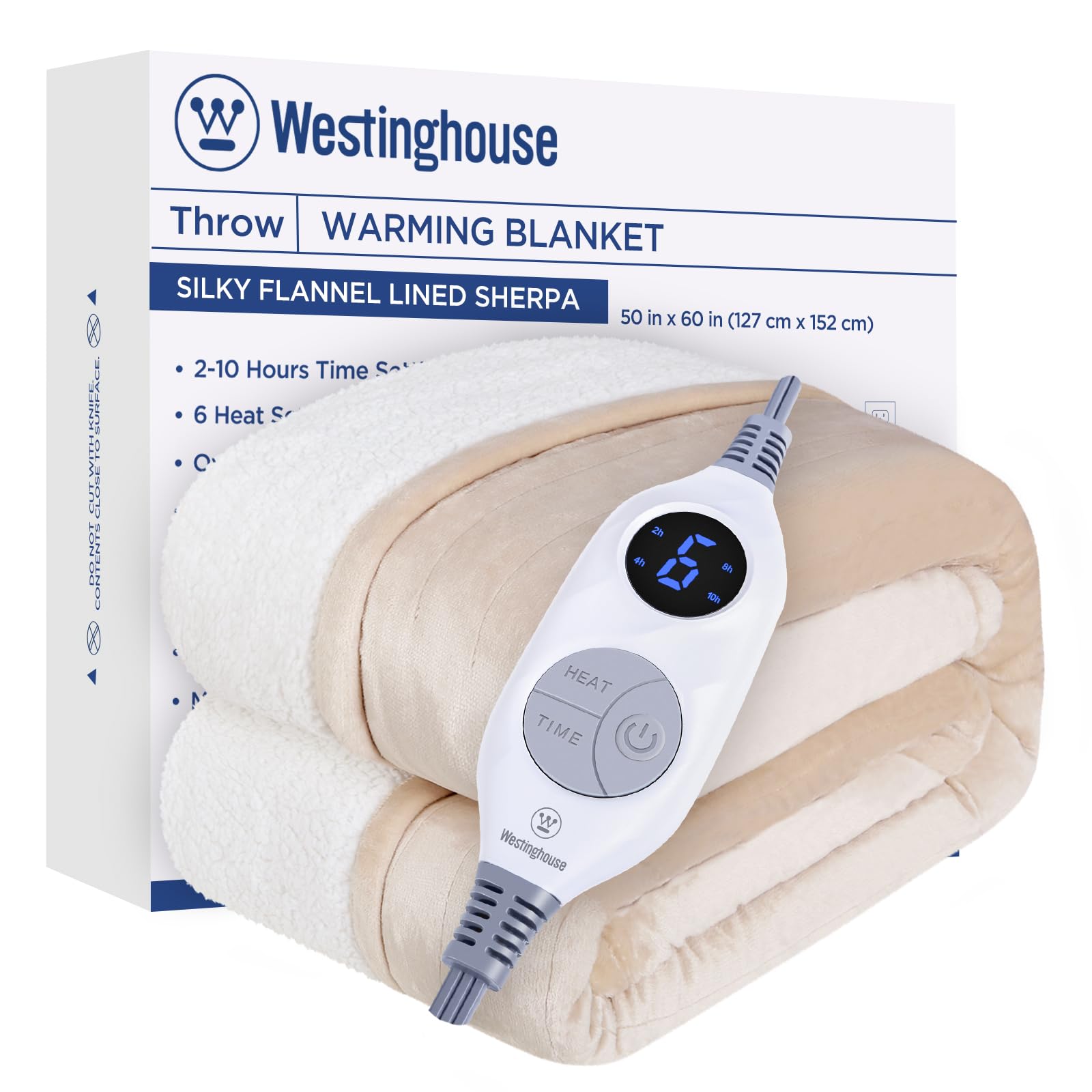 Photo 1 of Westinghouse Heated Throw Blanket, Soft Flannel to Sherpa Electric Throw with 6 Heating Levels, 2-10 Hours Time Settings, Fast Heating, Machine Washable 50x60 Inch, Ivory
