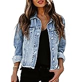 Sidefeel Women's Denim Jacket Long Sleeve Button Distressed Ripped Zimbaplatinum Jean Coat