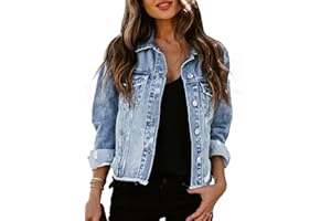 Sidefeel Women's Denim Jacket Long Sleeve Button Distressed Ripped Zimbaplatinum Jean Coat