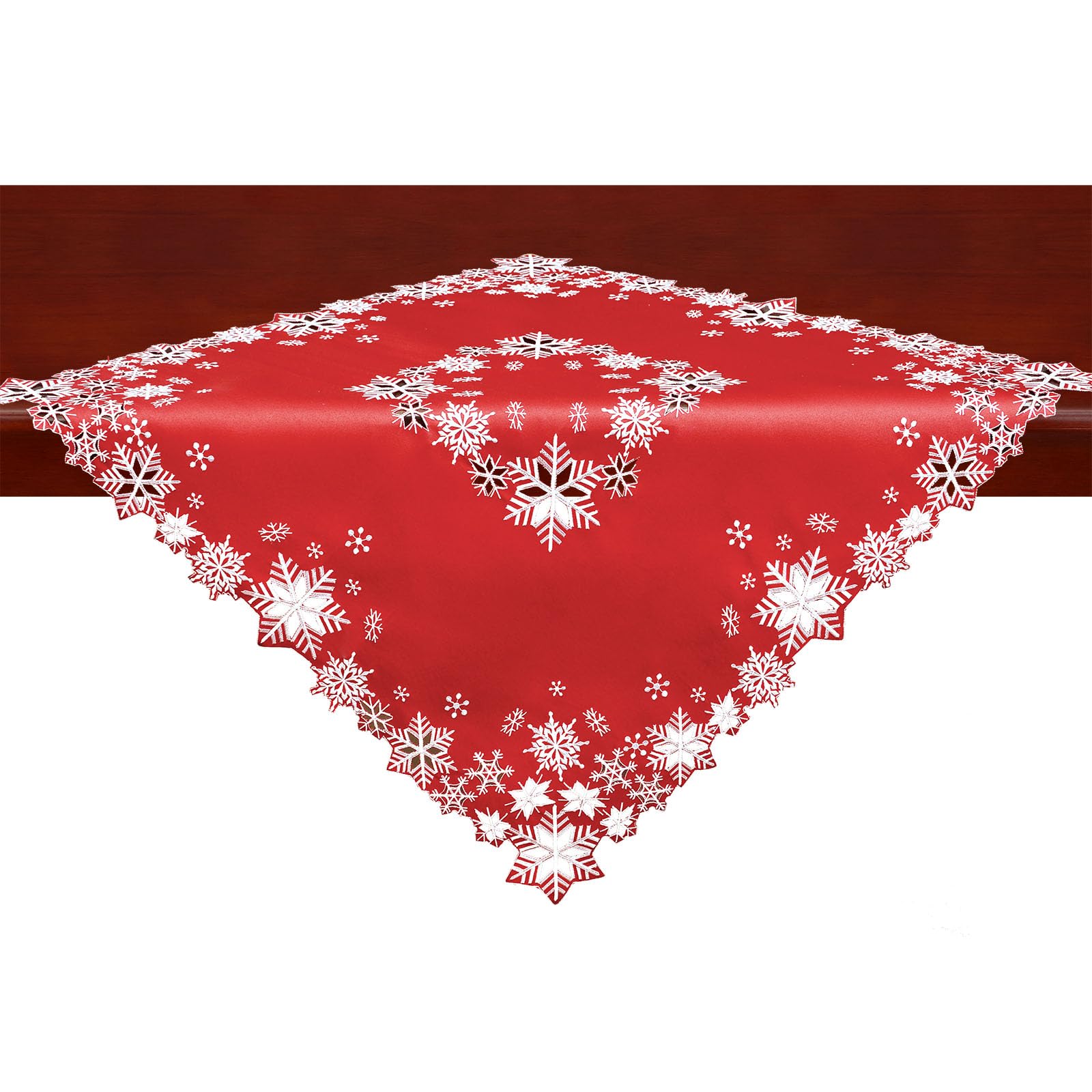 Simhomsen Embroidered Small Square Snowflakes Tablecloths Toppers for Christmas Holiday and Winter (Red, Square 34 inch)