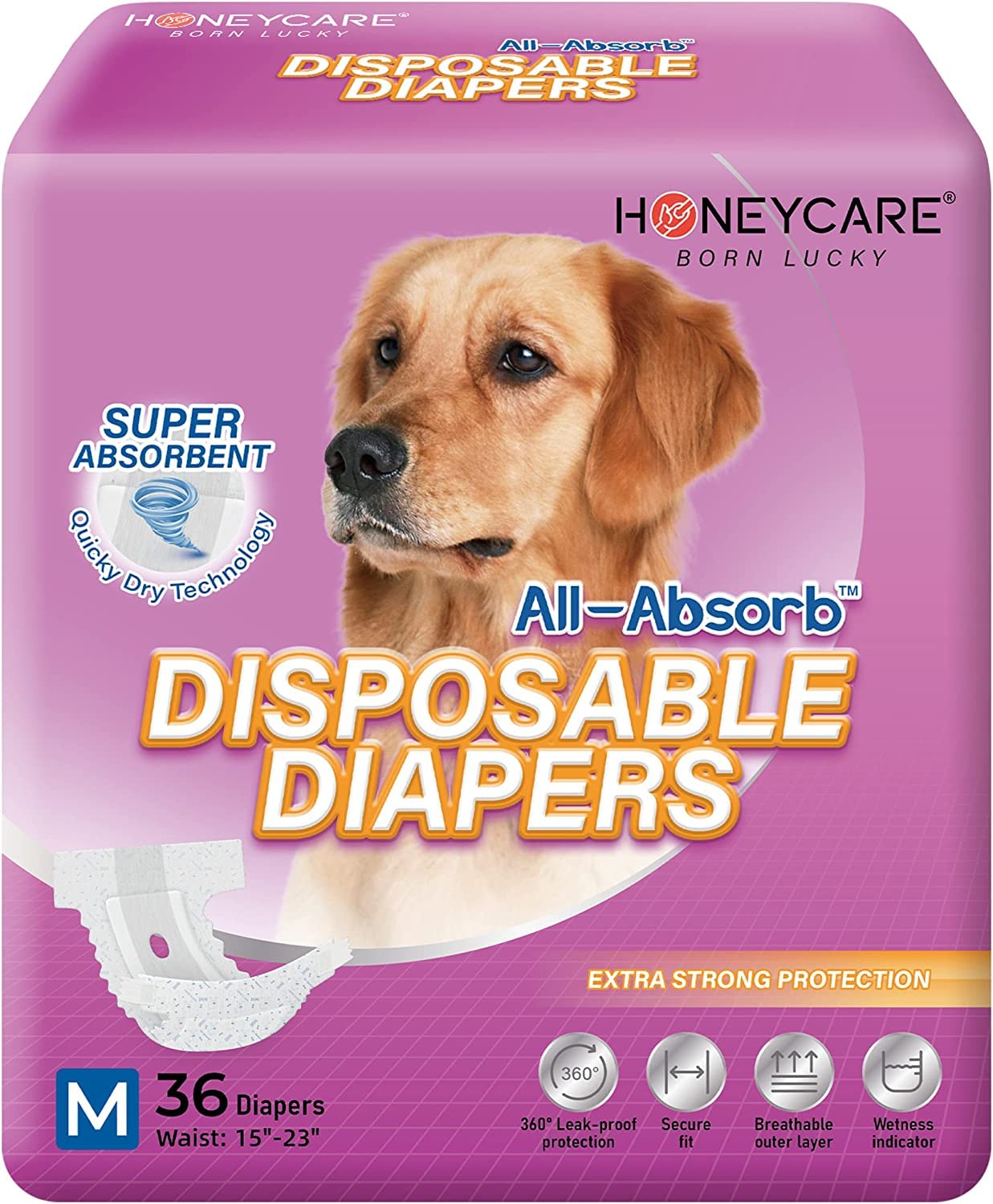 Photo 1 of HONEY CARE All-Absorb Disposable Female Dog Diapers M Size, Improved Bigger Size, 36 Count, Super Absorbent, Breathable, Wetness Indicator (Pack of 1, 36 Count Total)