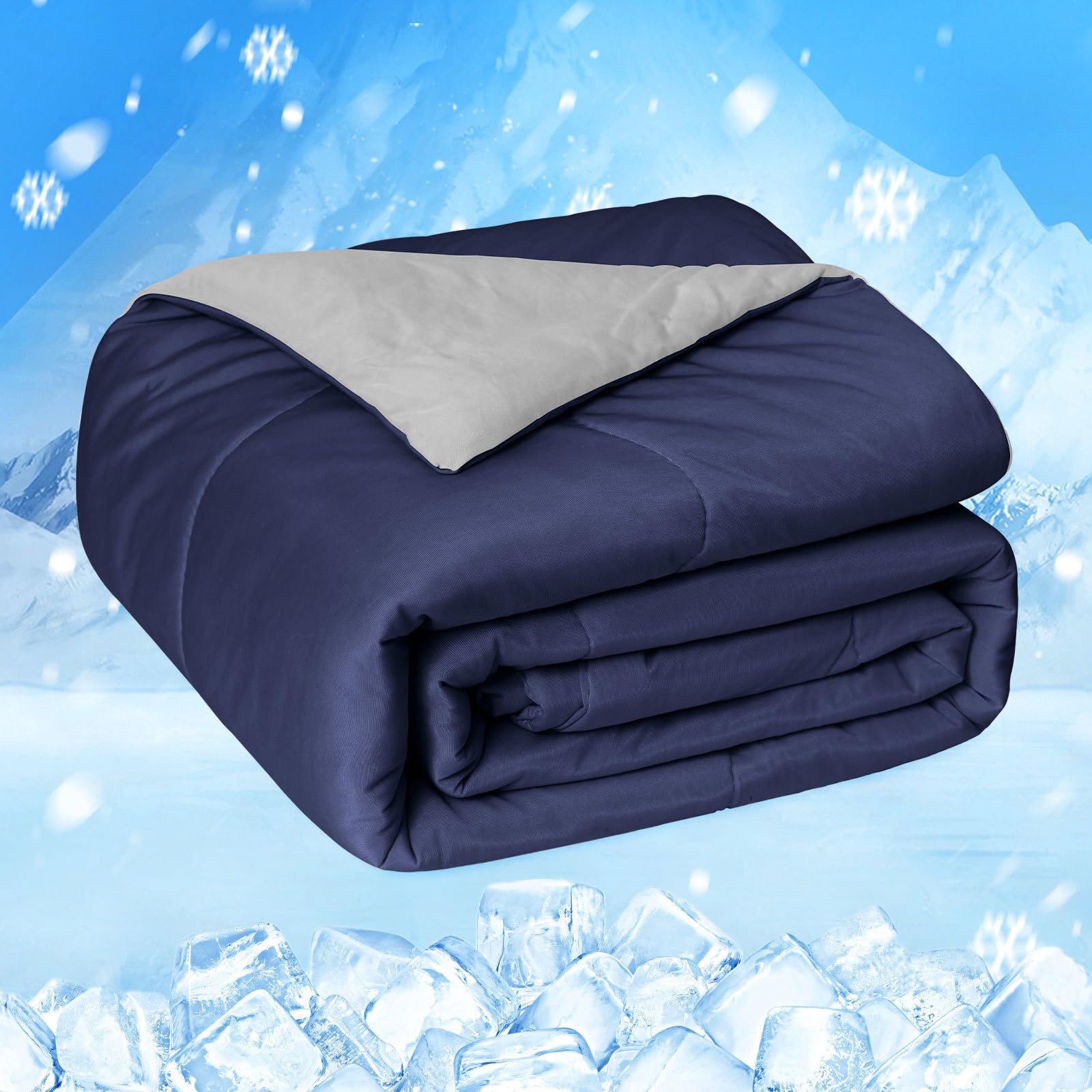 HOMFINE Cooling Comforter Japanese Double-Sided Cold Tech Fabric Cooling Blanket for Night Sweats Hot Sleepers, Q-Max 0.45 Soft Breathable Silky Smooth Lightweight Dark Blue Summer Comforter King Image