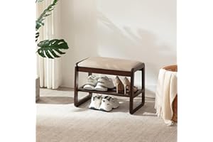 Achicsofar Small Shoe Rack Bench,2 Tier Wooden Entryway Bench with Shoe Storage, Shoe Rack with Cushion for Living Room, Hallway(Pu Beige, 21.6")