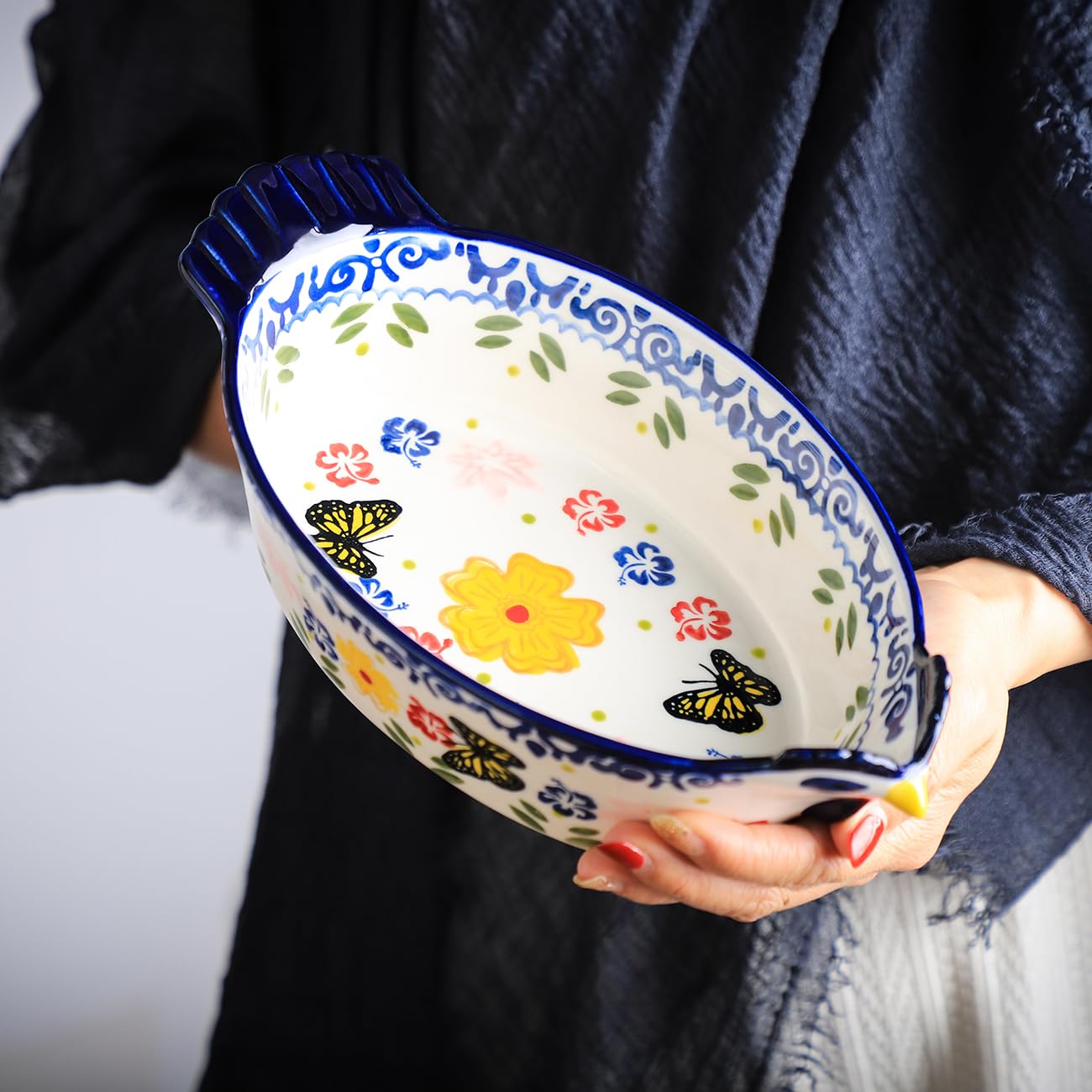 Vintage Butterfly and Flower Pattern Pie Pan, Chicken Shape Ceramic Bakeware Casserole Dish Baking Pan Bakers Lasagna Pans Soup Bowl Baking Dish for Oven to Table-Blue-25 OZ