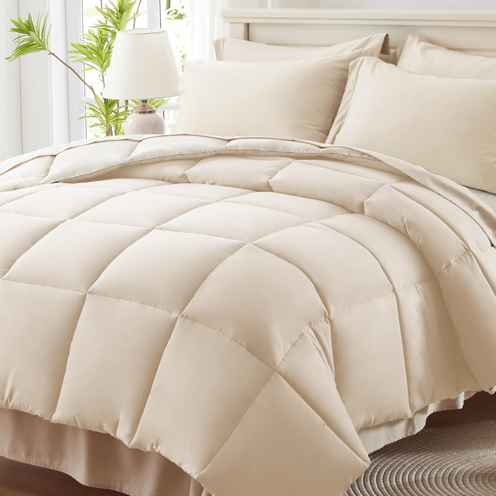Anluoer King Size Bed in a Bag 7 Pieces, Cream Bed Comforter Set with Sheets, All Season Bedding Sets with 1 Comforter,2 Pillow Shams,2 Pillowcases, 1 Flat Sheet, 1 Fitted Sheet