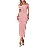 PRETTYGARDEN Summer Dresses for Women Formal Off The Shoulder Midi Bodycon Ribbed Knit Spring Wedding Guest Dress