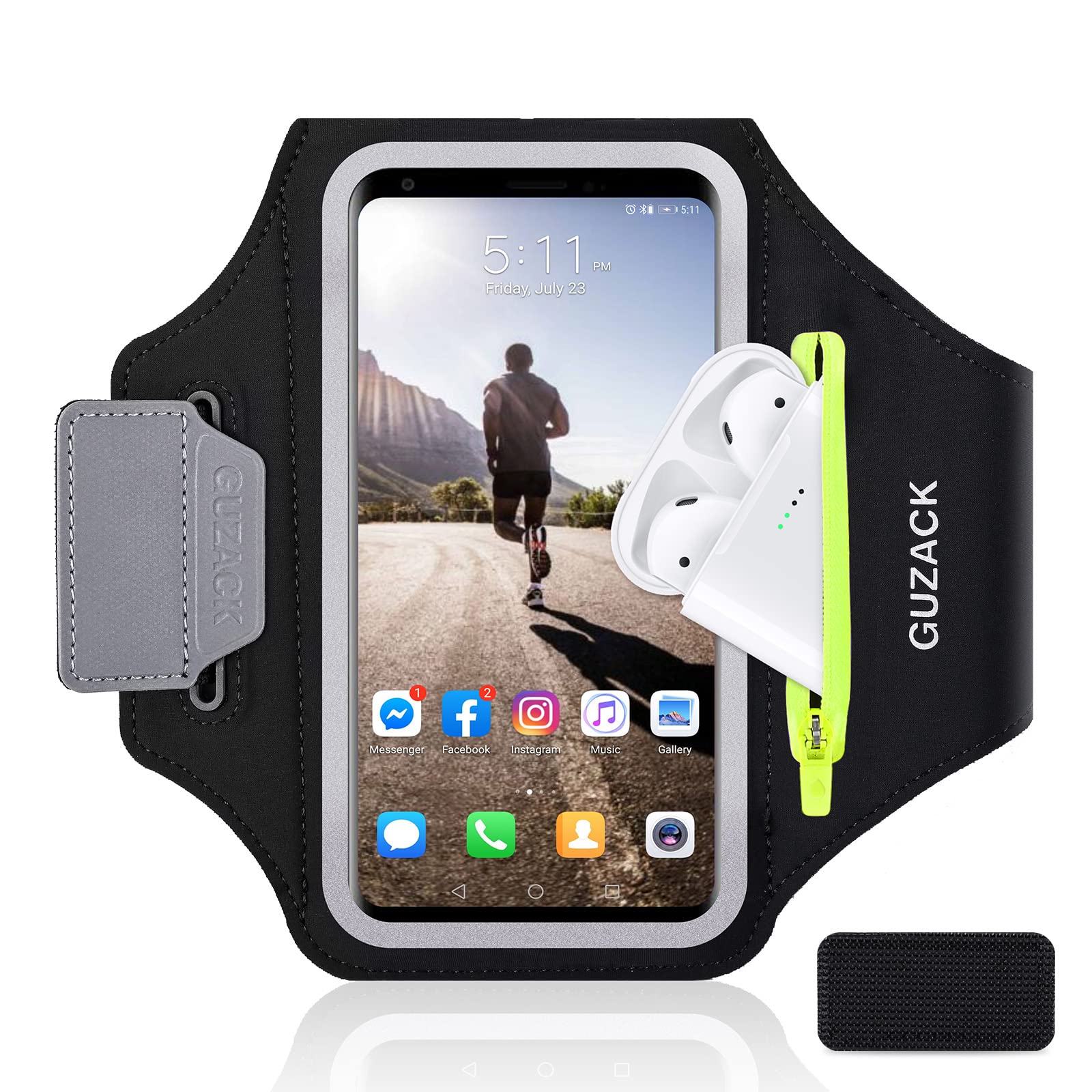 MR.LUYU Running Armband with Zipper Pocket, Sports Phone Armband for iPhone 17 Pro Max/16 Pro/15 Pro/14/13 Pro/12 Phone Holder for Running with Anti-Fall Buckle Up to 6.9" (A - GreenZipper)