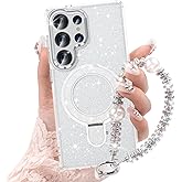 WATACHE for Samsung Galaxy S25 Ultra Case, Glitter Sparkle Bling Heavy Duty Shockproof Protective with Kickstand, Anti-Scratch Cover Case for Samsung Galaxy S25 Ultra(Silver with Bracelet)