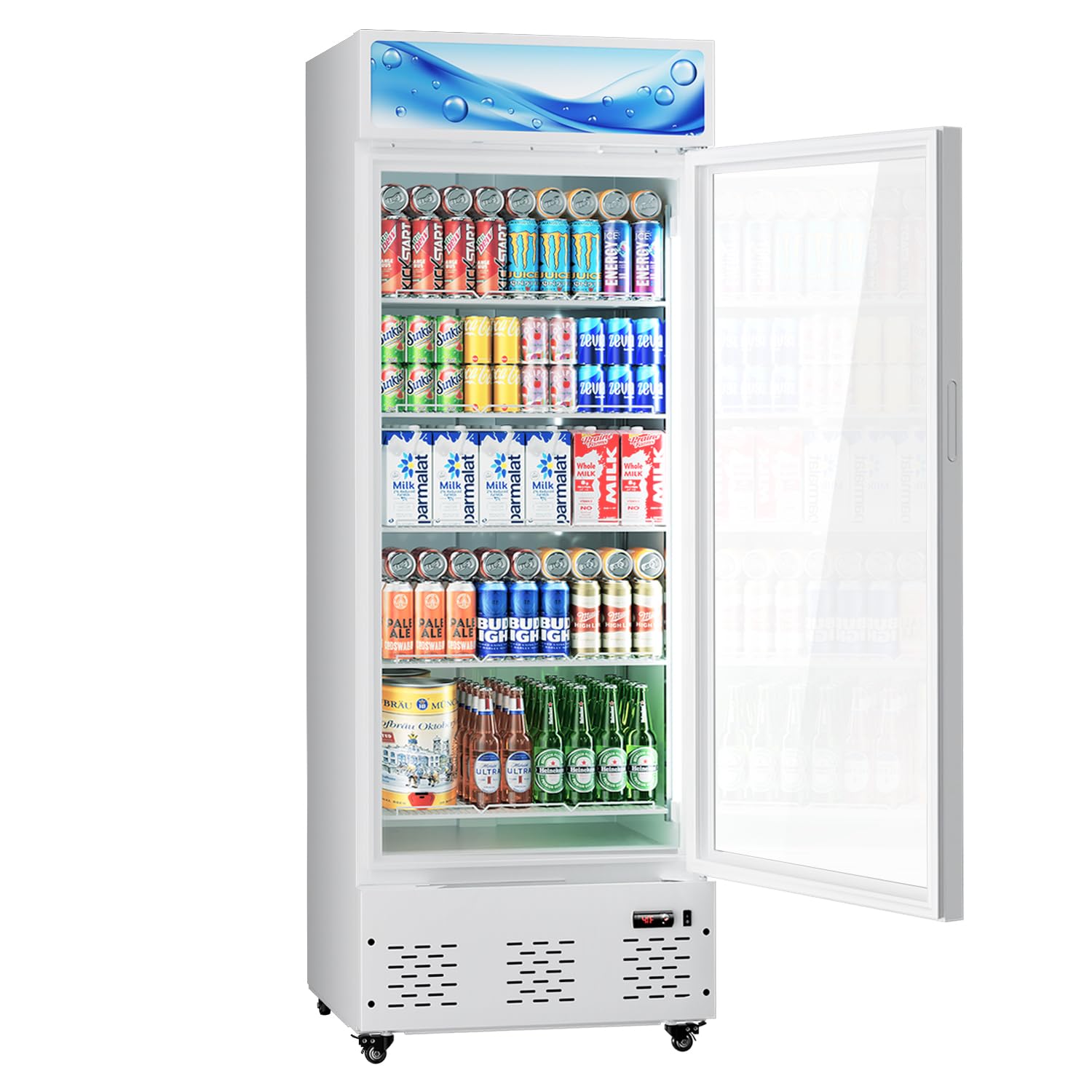 Photo 1 of FreezLabs 27”W Commercial Glass Door Display Refrigerator 15 Cu.ft White Cooler Beverage Bridge with LED Light and 5 Shelves for Cafe Restaurant Store Bar