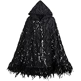FURPHI Women's Gothic Hooded Cloak with Feather Hem Vampire Witch Cape Halloween Cosplay Costume